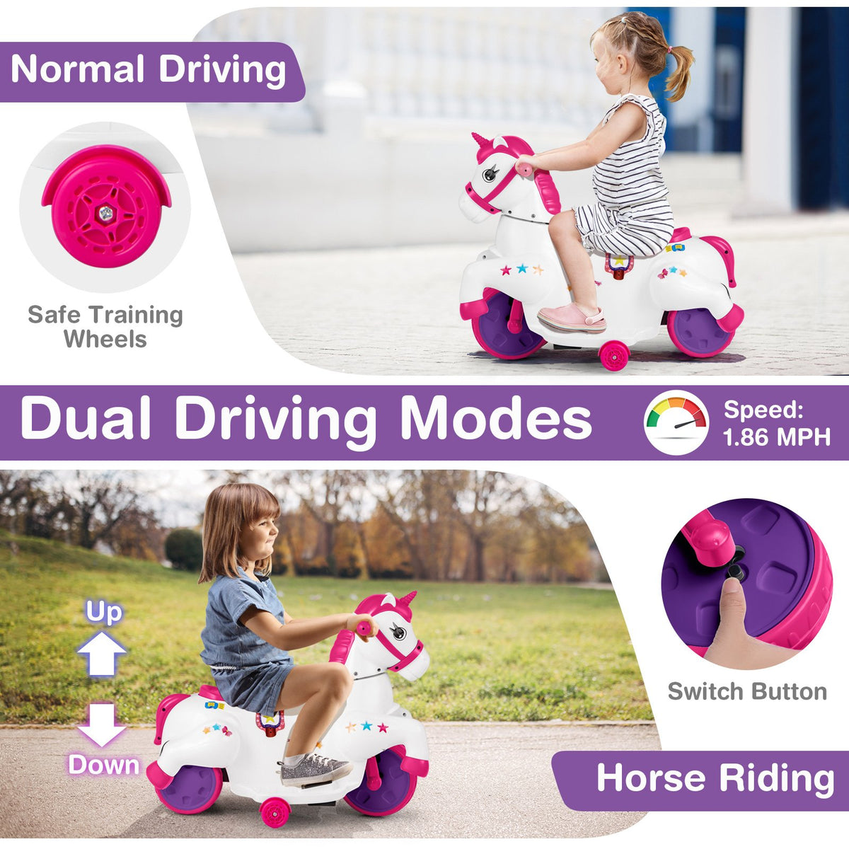 12V Unicorn Ride on Toy with Training Wheels and Horse Riding Mode-Rose Red view 7