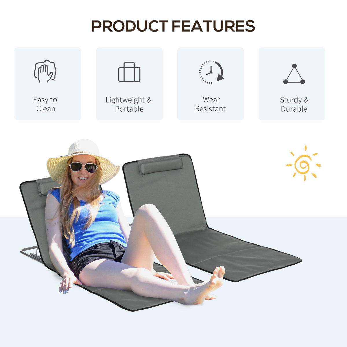 Set of 2 Beach Lounge Chair Sun Lounger, Folding Ground Beach Mat w/ Adjustable Back, Steel Frame, Head Pillow and Carry Bag for Backyard Lakeside, Red and White