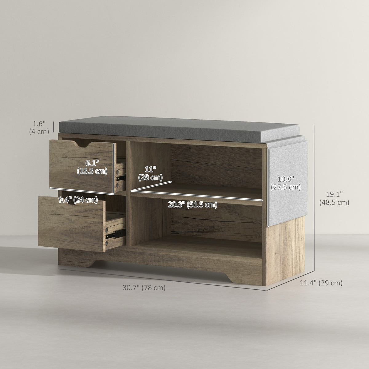 Upholstered Shoe Storage Bench w/ Seat, Entrance Bench w/ Drawer Open Shelves and Pocket for Hallway, White – view 9