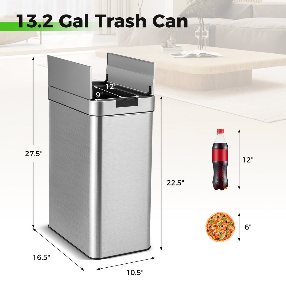 13.2 Gal Slim Kitchen Trash Can with Wing Lids and Stainless Steel Frame-Silver view 4