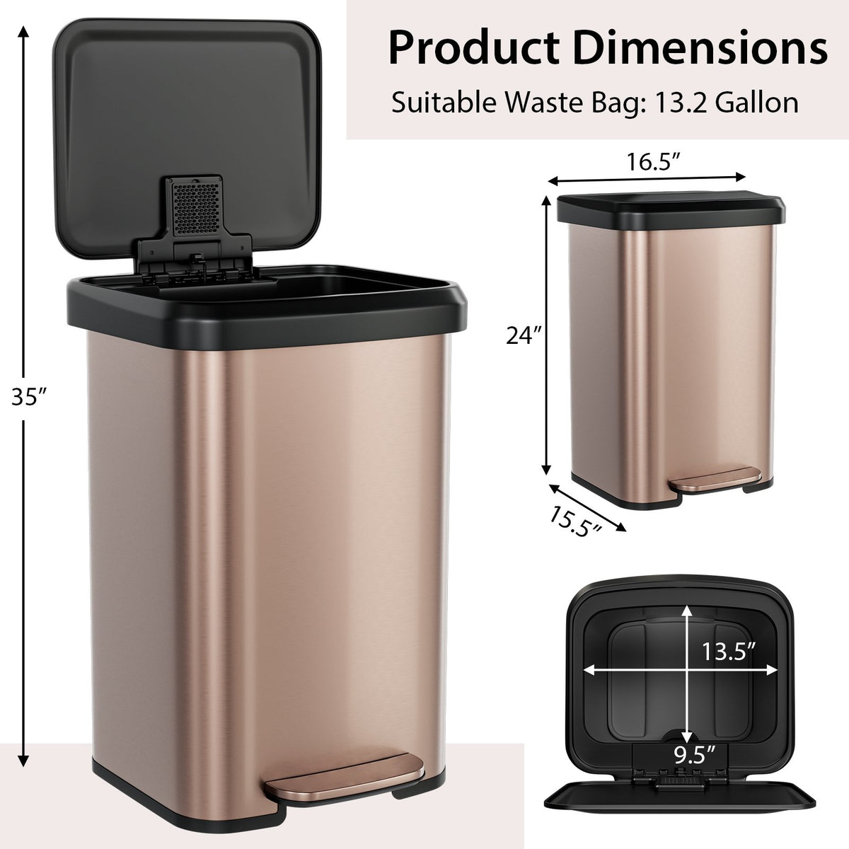 13.2 Gallon Step Trash Can with Soft Close Lid and Deodorizer Compartment-Golden view 5
