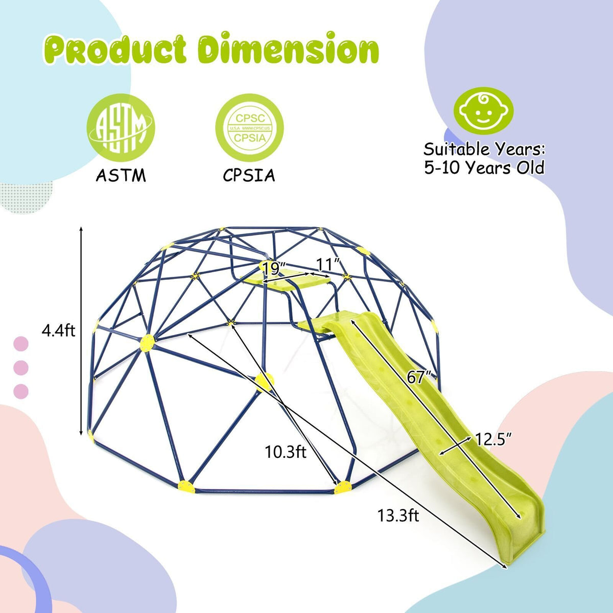 13.3 FT Climbing Dome Geometric Dome Climber with Extended Wavy Slide and 2 Rest Platforms-Multicolor view 5