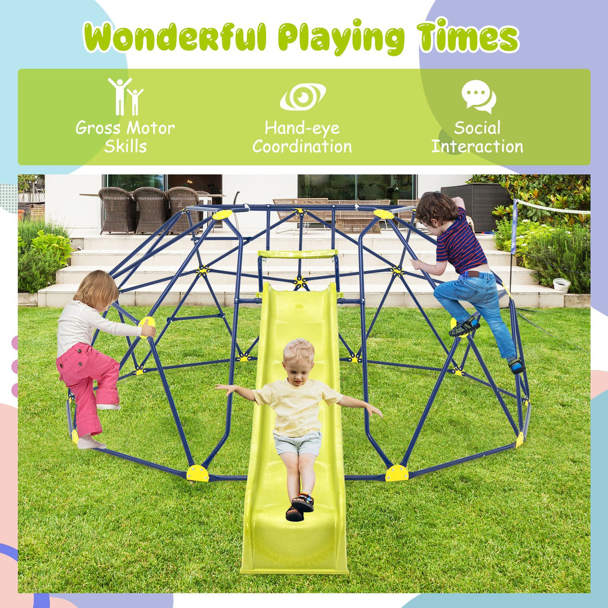 13.3 FT Climbing Dome Geometric Dome Climber with Extended Wavy Slide and 2 Rest Platforms-Multicolor view 9