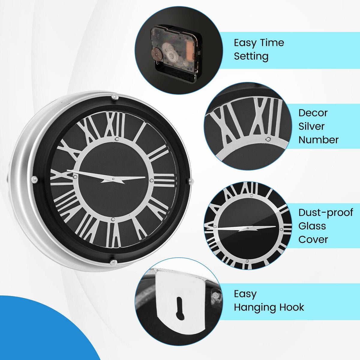 13.5/17.5 Inch Silent Wall Clock with Silver Frame-S view 9