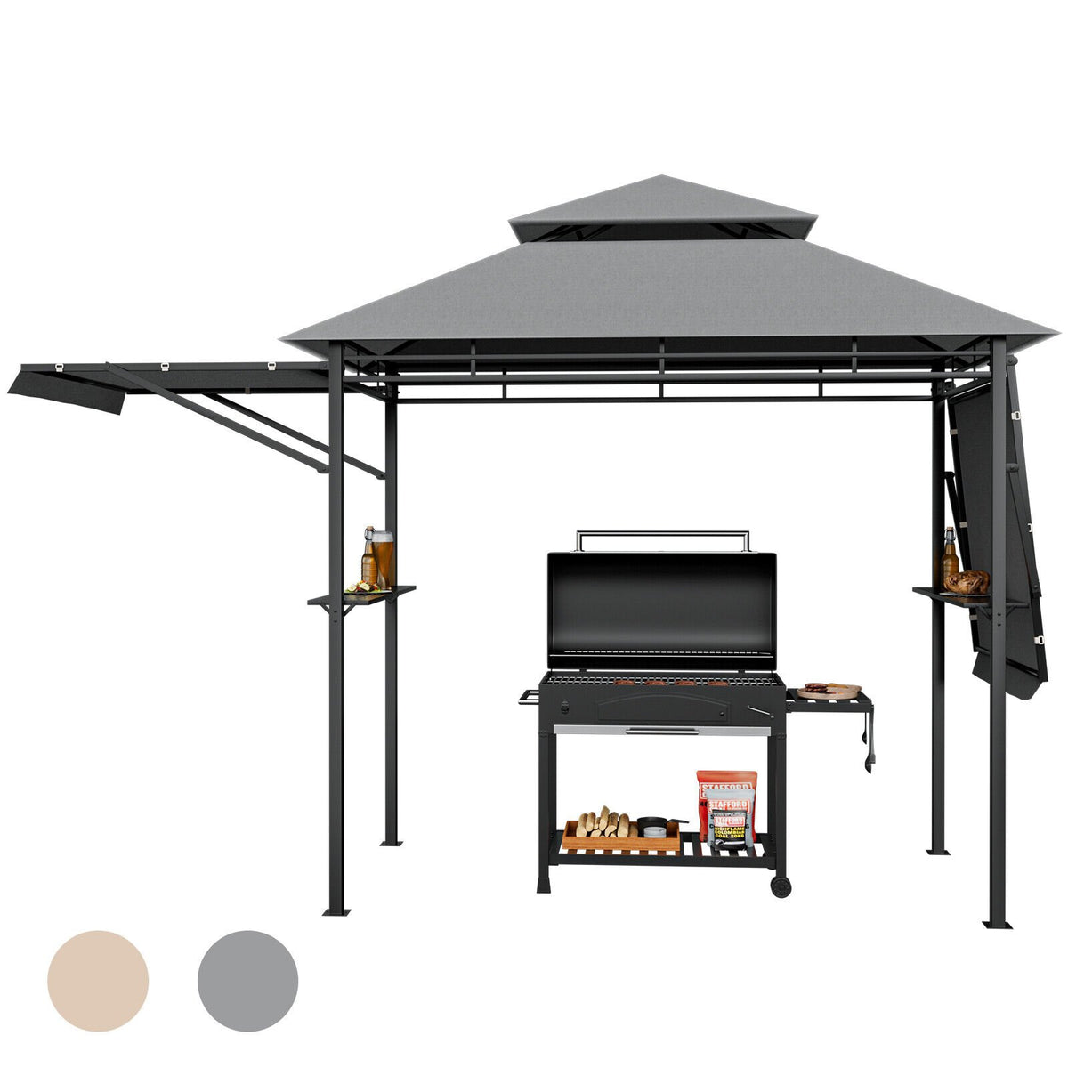 13.5 x 4 Feet Patio BBQ Grill Gazebo Canopy with Dual Side Awnings-Gray view 4
