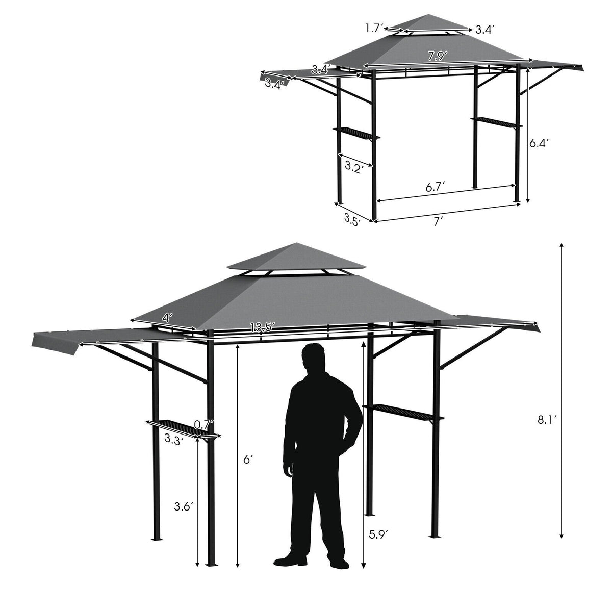 13.5 x 4 Feet Patio BBQ Grill Gazebo Canopy with Dual Side Awnings-Gray view 5