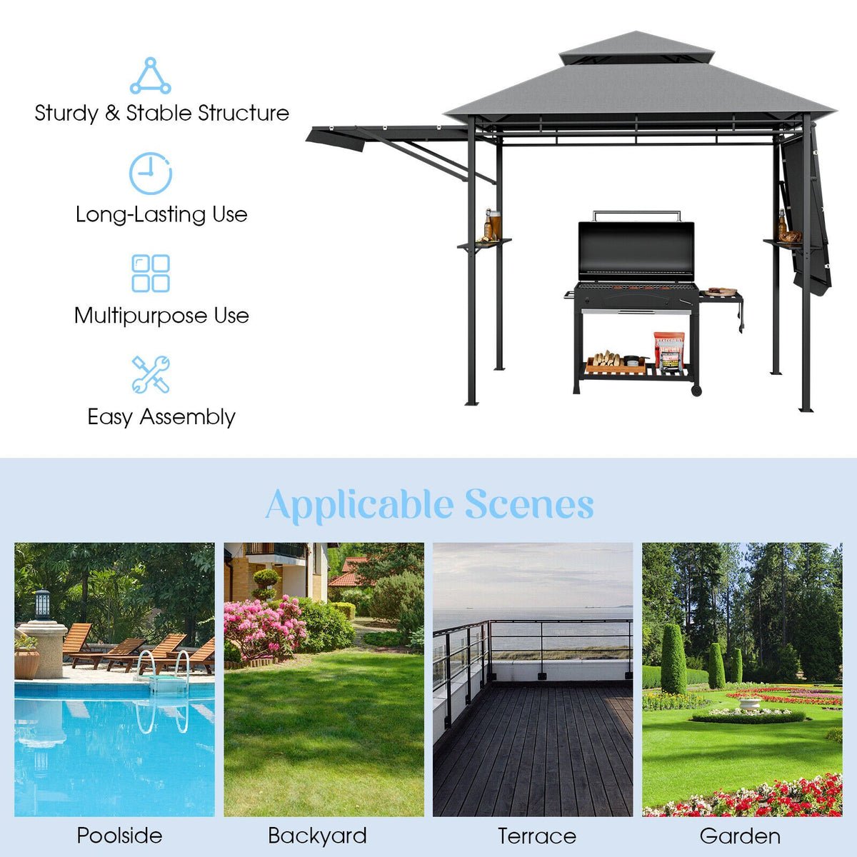 13.5 x 4 Feet Patio BBQ Grill Gazebo Canopy with Dual Side Awnings-Gray view 6