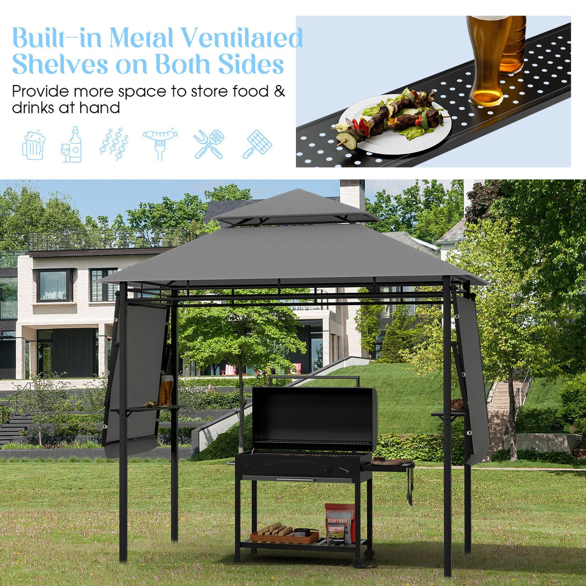 13.5 x 4 Feet Patio BBQ Grill Gazebo Canopy with Dual Side Awnings-Gray view 7