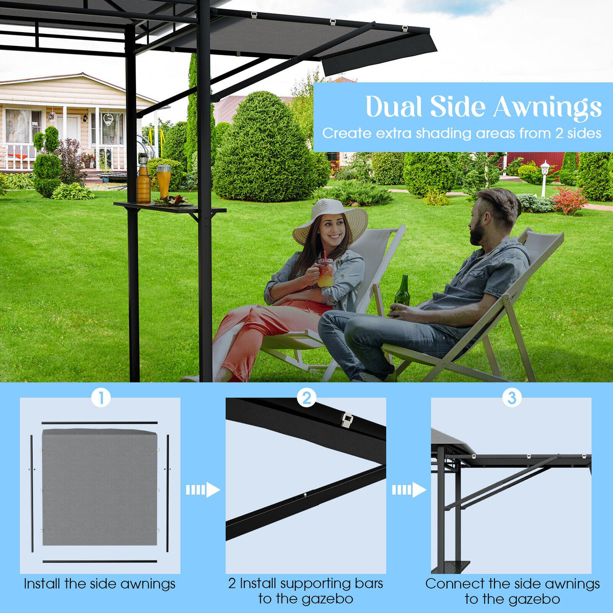 13.5 x 4 Feet Patio BBQ Grill Gazebo Canopy with Dual Side Awnings-Gray view 8