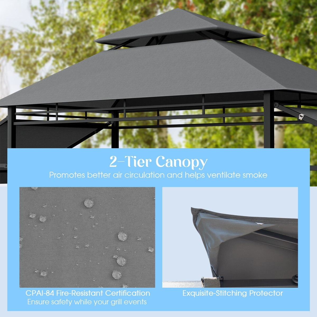 13.5 x 4 Feet Patio BBQ Grill Gazebo Canopy with Dual Side Awnings-Gray view 9