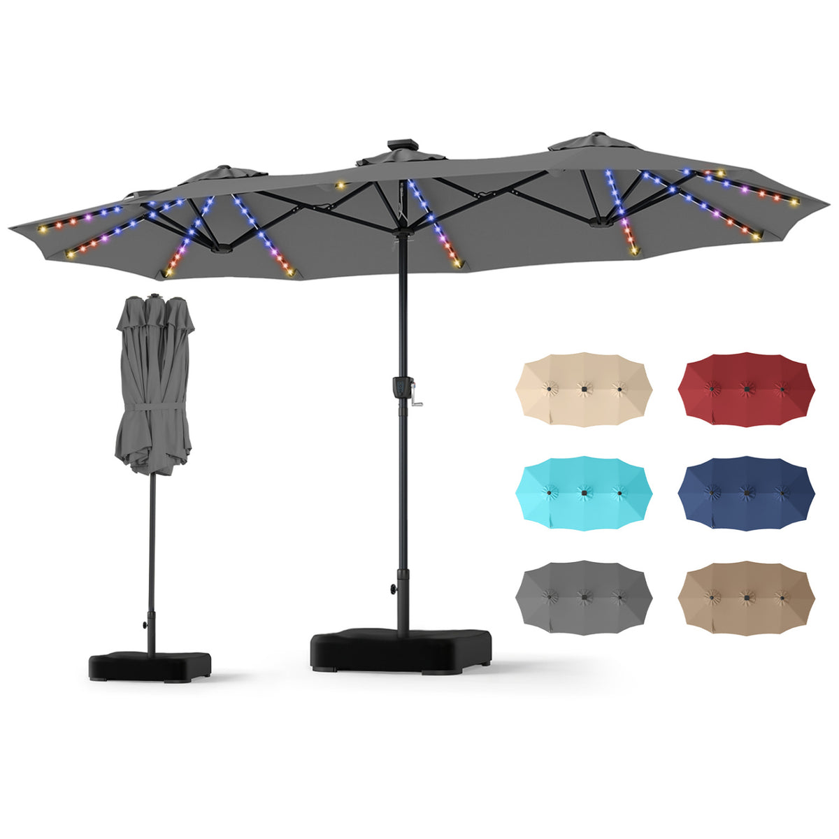 13 FT Double-Sided Patio Umbrella with 108 LED Lights and Base Included-Gray view 4