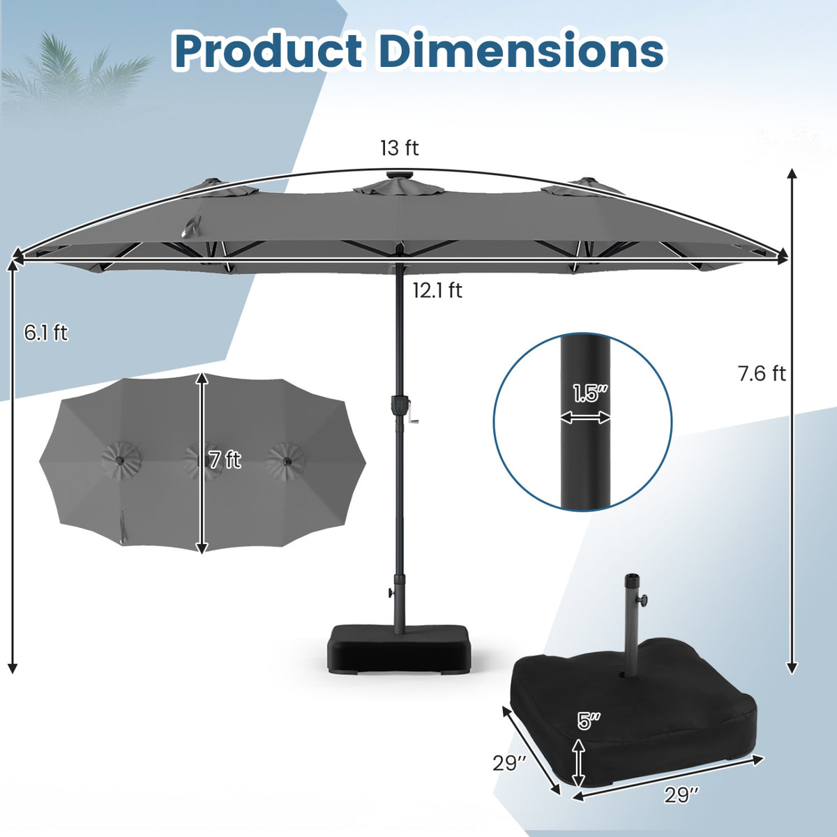 13 FT Double-Sided Patio Umbrella with 108 LED Lights and Base Included-Gray view 5