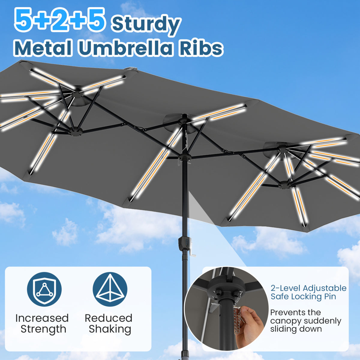 13 FT Double-Sided Patio Umbrella with 108 LED Lights and Base Included-Gray view 8