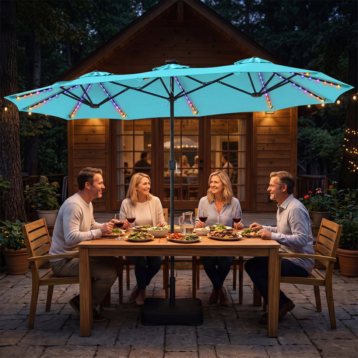 13 FT Double-Sided Patio Umbrella with 108 LED Lights and Base Included-Turquoise view 2