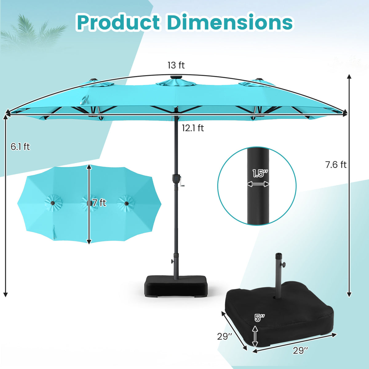 13 FT Double-Sided Patio Umbrella with 108 LED Lights and Base Included-Turquoise view 5