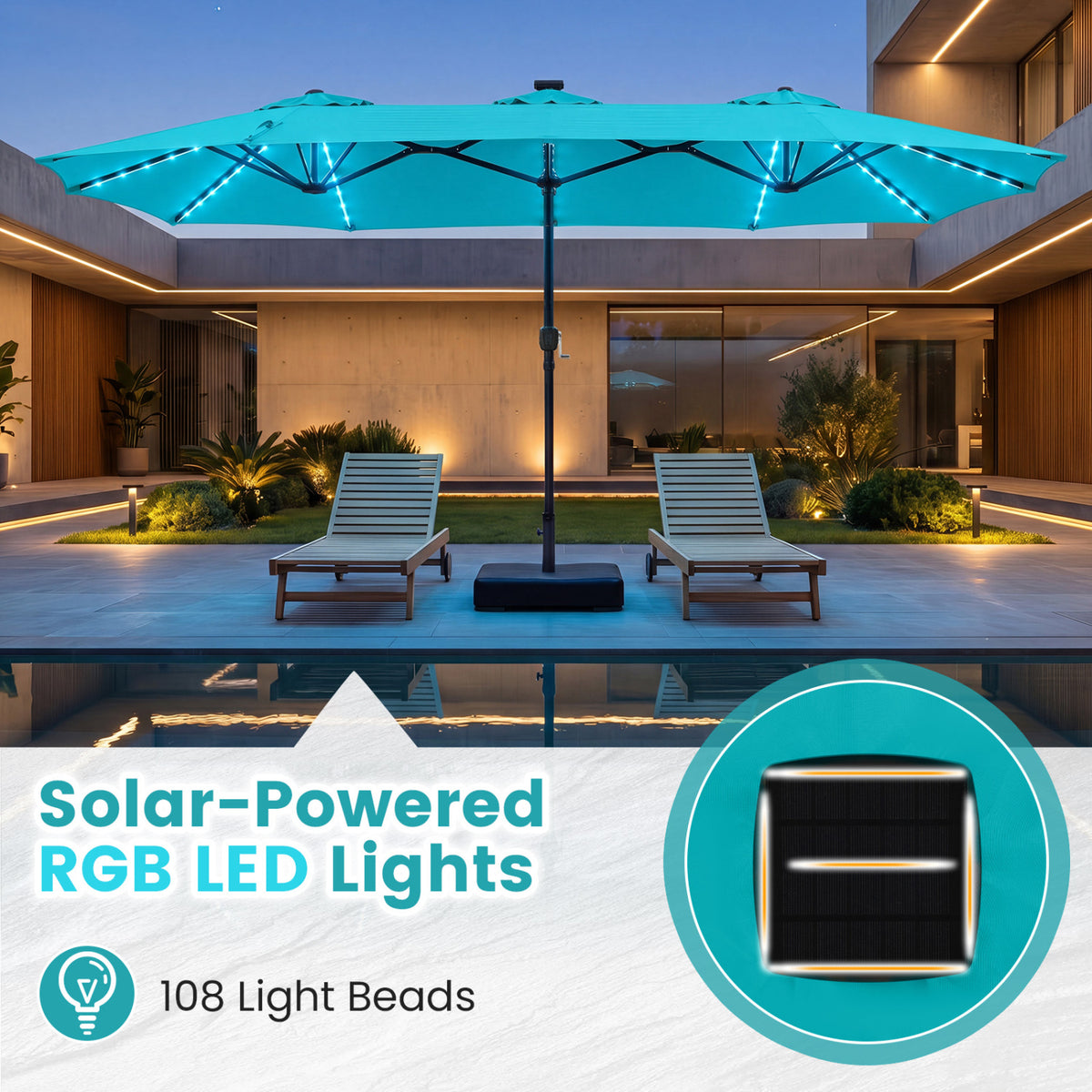 13 FT Double-Sided Patio Umbrella with 108 LED Lights and Base Included-Turquoise view 6