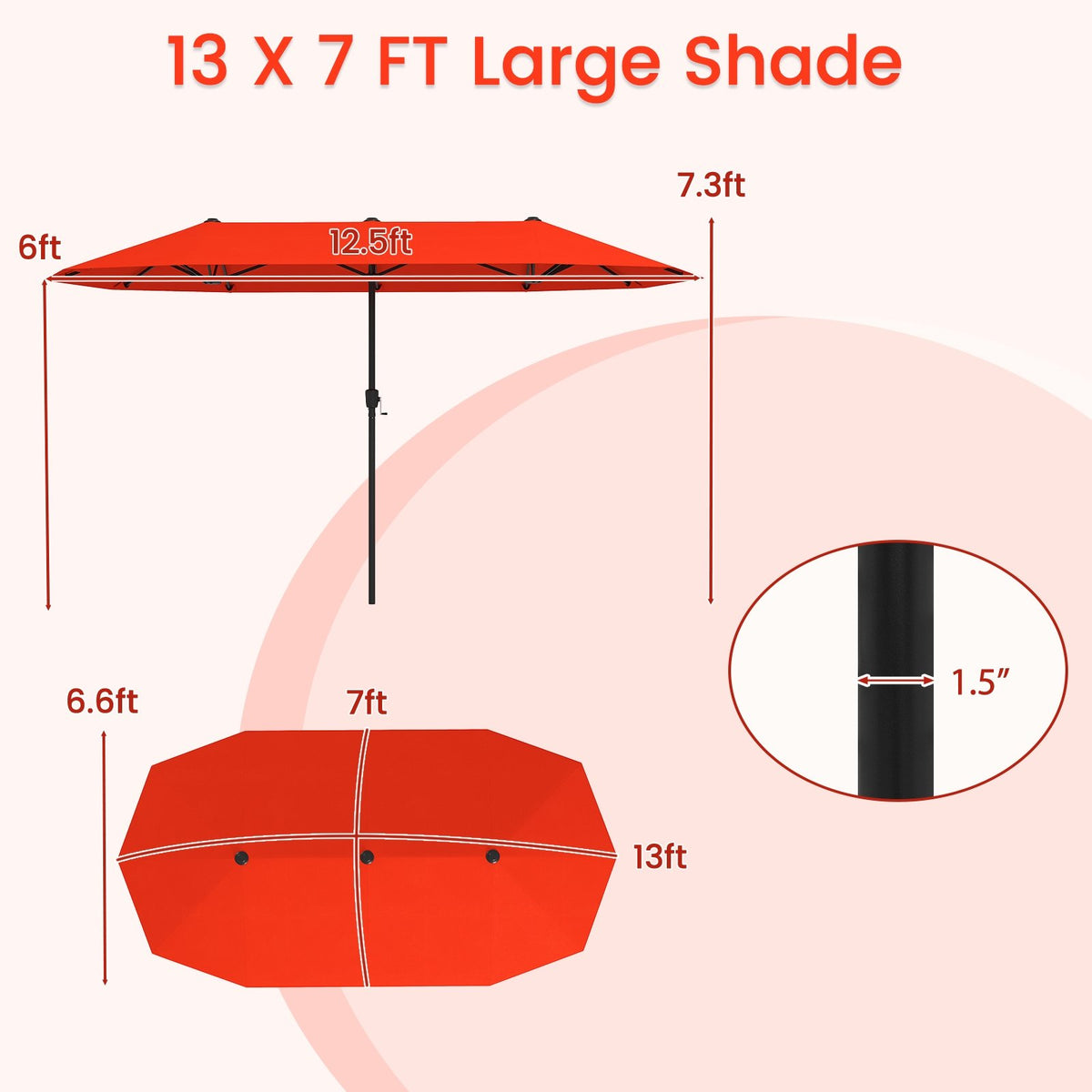 13 FT Large Patio Umbrella Outdoor Double-Sided Table Market Umbrella with Crank Handle-Orange view 5
