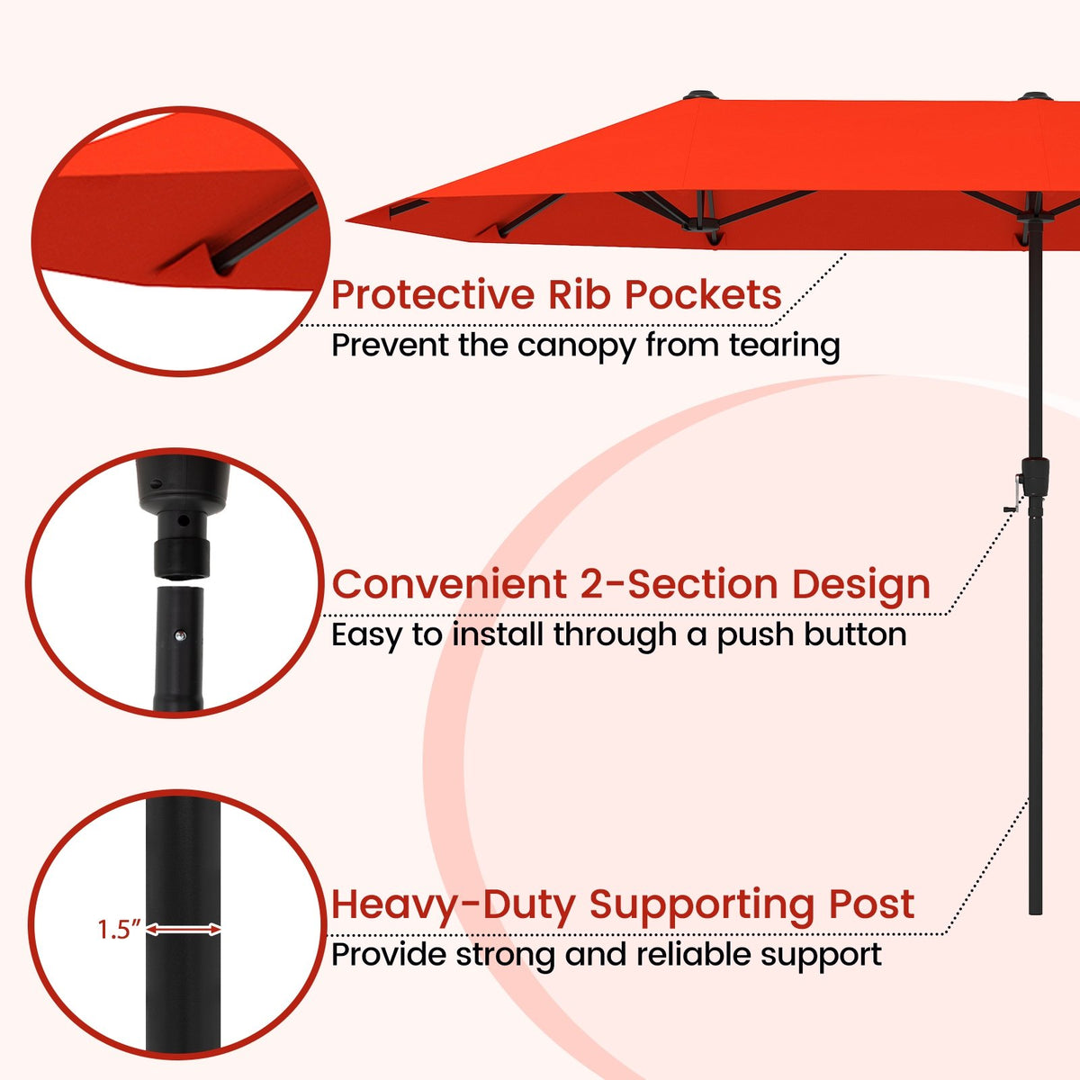 13 FT Large Patio Umbrella Outdoor Double-Sided Table Market Umbrella with Crank Handle-Orange view 7