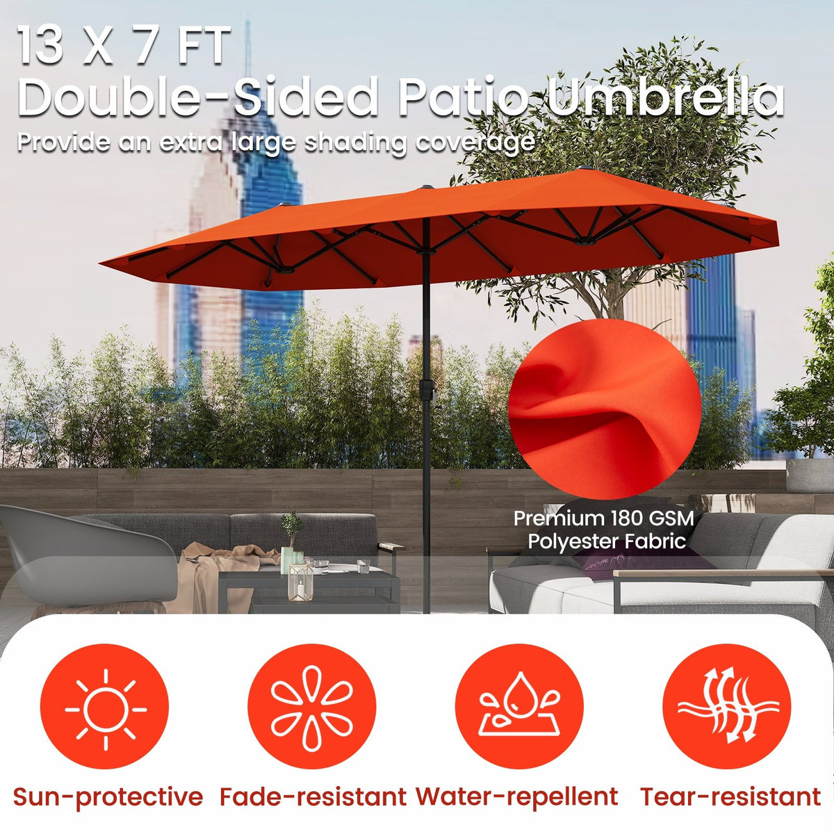 13 FT Large Patio Umbrella Outdoor Double-Sided Table Market Umbrella with Crank Handle-Orange view 8