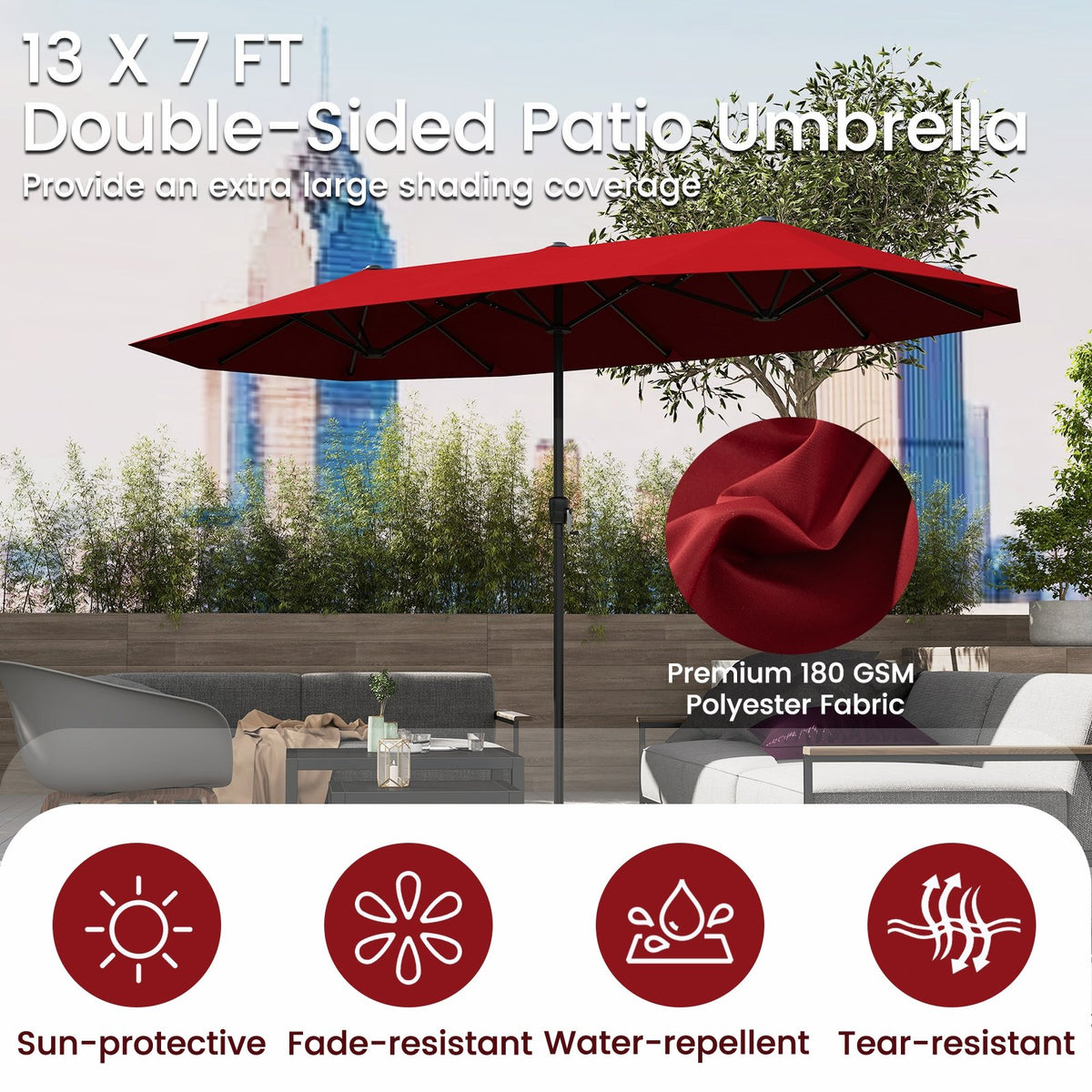 13 FT Large Patio Umbrella Outdoor Double-Sided Table Market Umbrella with Crank Handle-Red view 8