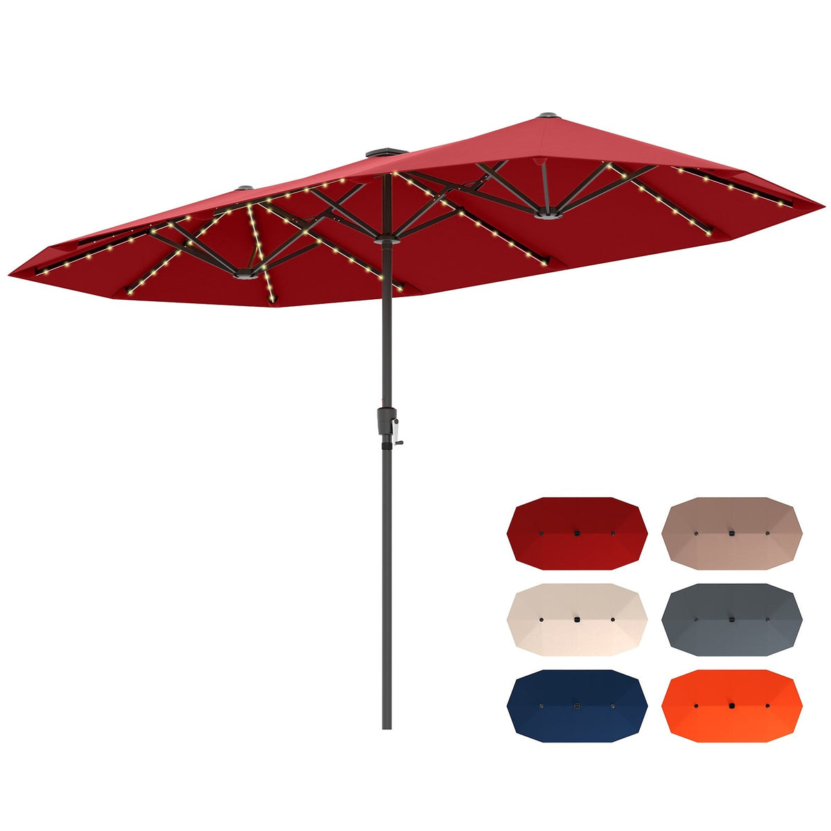 13 FT Large Patio Umbrella with LED Solar Lights and Crank Handle-Red view 4