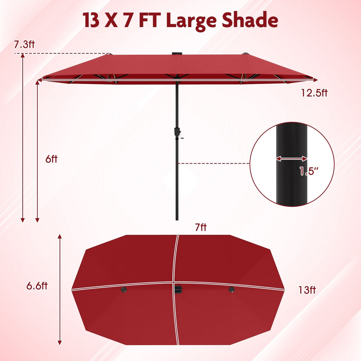13 FT Large Patio Umbrella with LED Solar Lights and Crank Handle-Red view 5