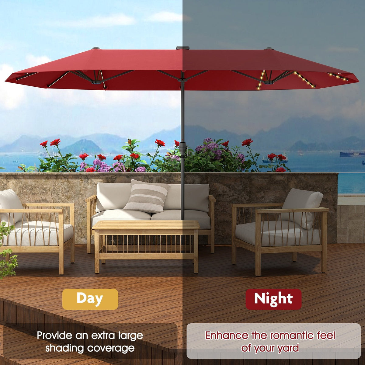 13 FT Large Patio Umbrella with LED Solar Lights and Crank Handle-Red view 6