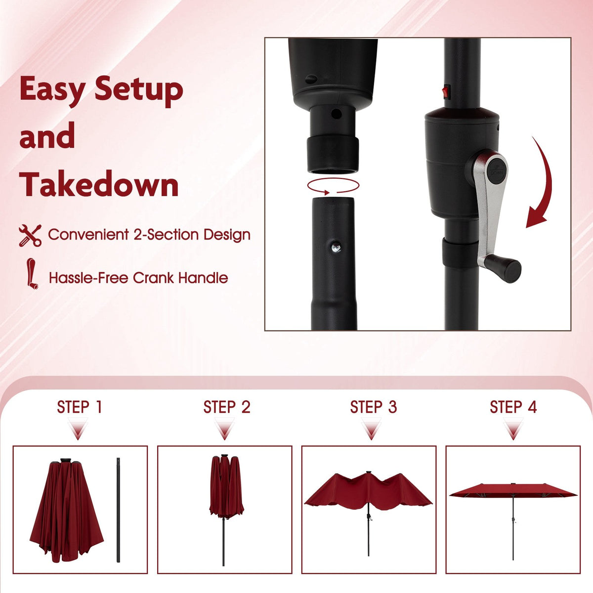 13 FT Large Patio Umbrella with LED Solar Lights and Crank Handle-Red view 7