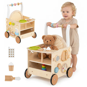 13-In-1 Toddler Wooden Push Walker with Wheels and Storage