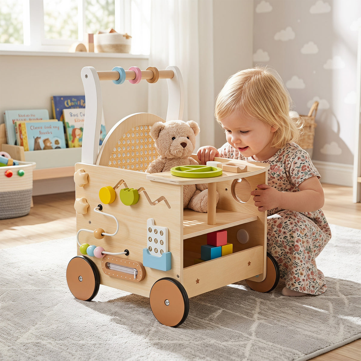 13-In-1 Toddler Wooden Push Walker with Wheels and Storage view 2
