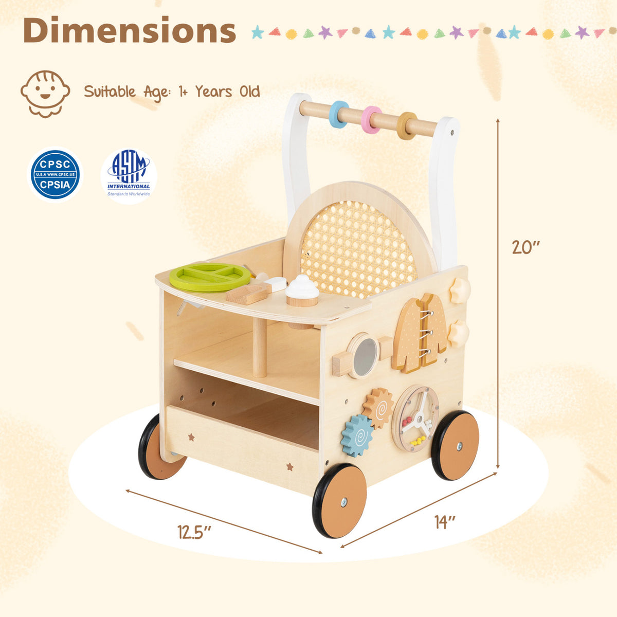13-In-1 Toddler Wooden Push Walker with Wheels and Storage view 3
