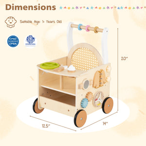 13-In-1 Toddler Wooden Push Walker with Wheels and Storage view 3