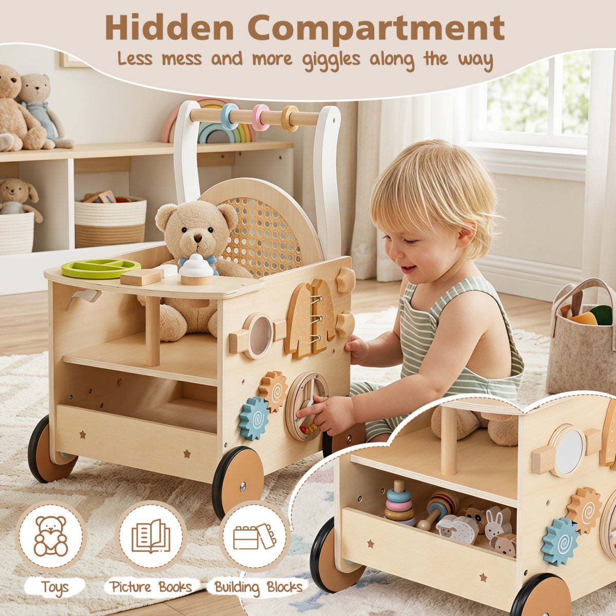 13-In-1 Toddler Wooden Push Walker with Wheels and Storage view 7