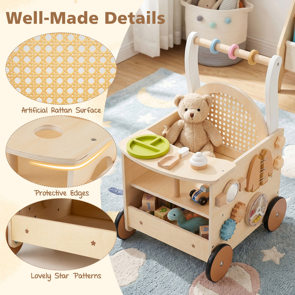 13-In-1 Toddler Wooden Push Walker with Wheels and Storage view 9