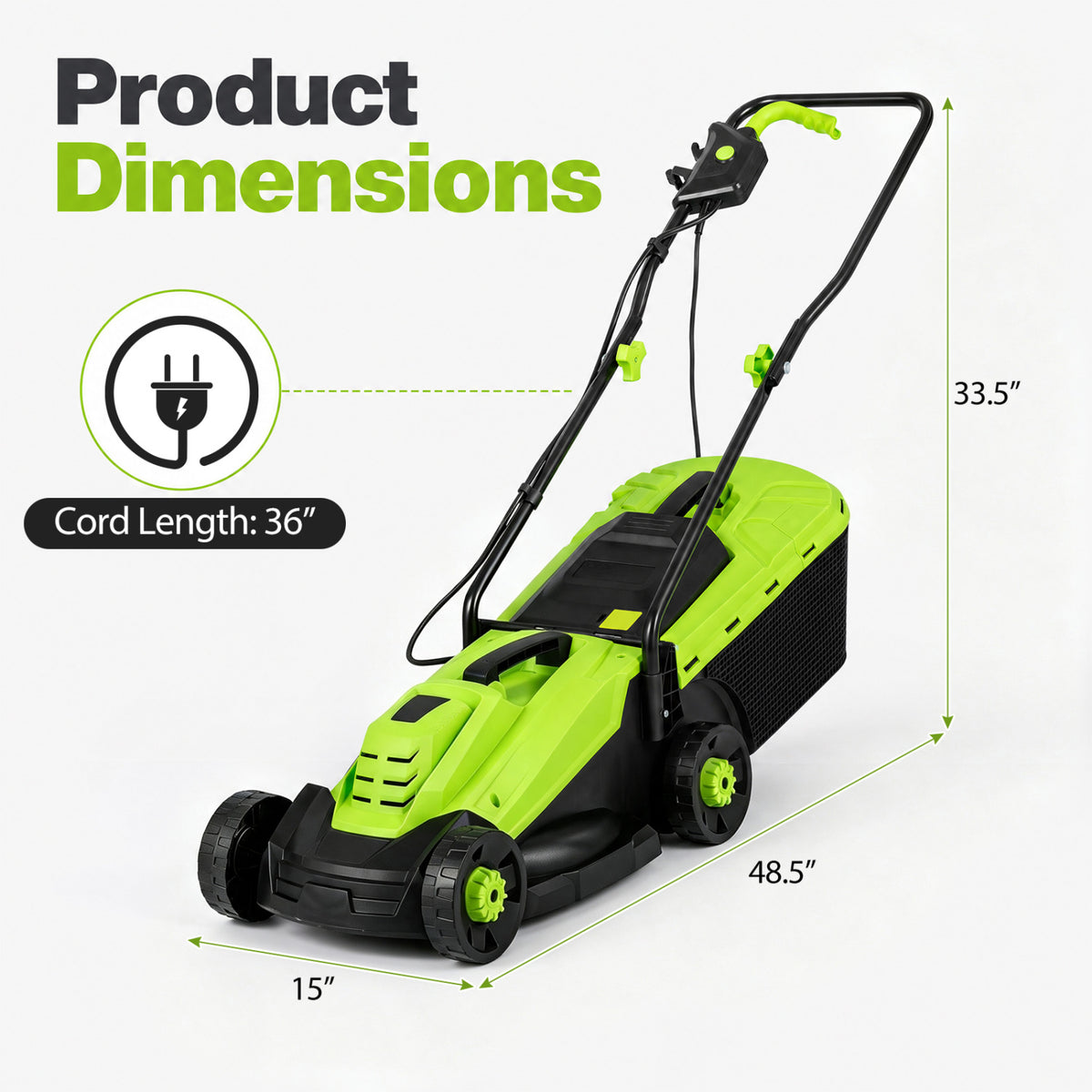 13-Inch 12-Amp Corded Electric Lawn Mower with 3-Position Height Adjustment-Green view 3