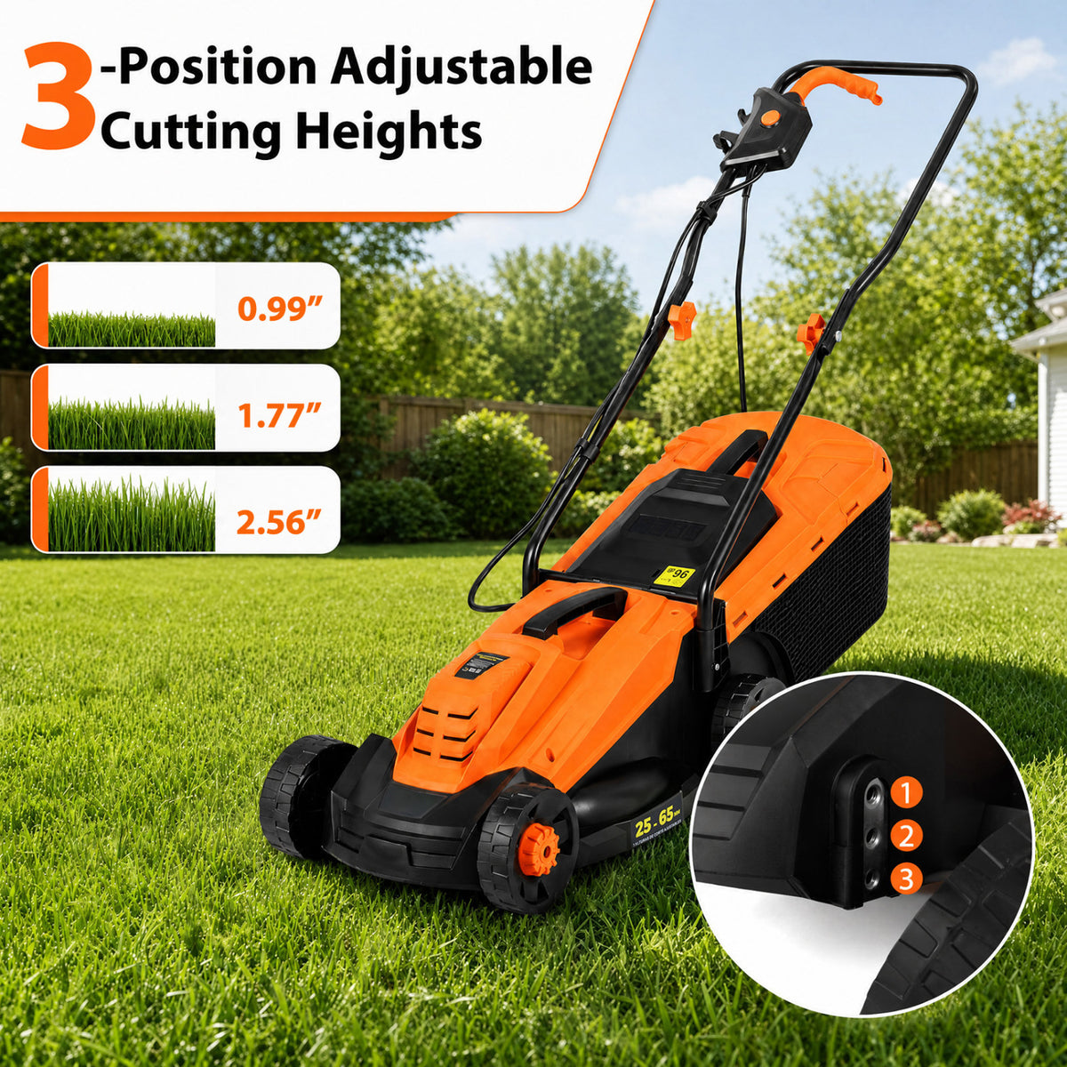 13-Inch 12-Amp Corded Electric Lawn Mower with 3-Position Height Adjustment-Orange view 4