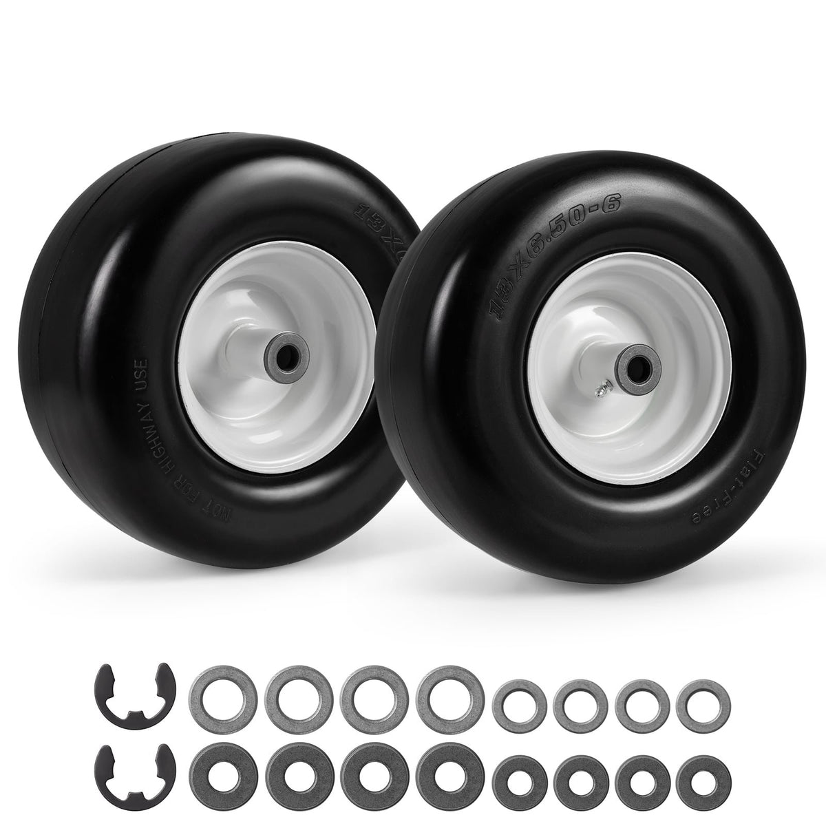 13 x 6.50-6 Flat Free Tires and Wheels 2 Pack Solid Rubber Tires-White