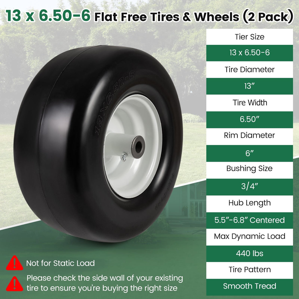 13 x 6.50-6 Flat Free Tires and Wheels 2 Pack Solid Rubber Tires-White view 5