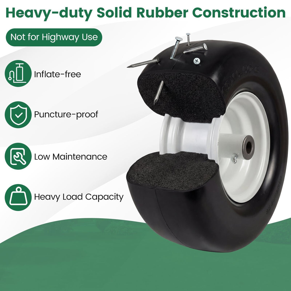 13 x 6.50-6 Flat Free Tires and Wheels 2 Pack Solid Rubber Tires-White view 6