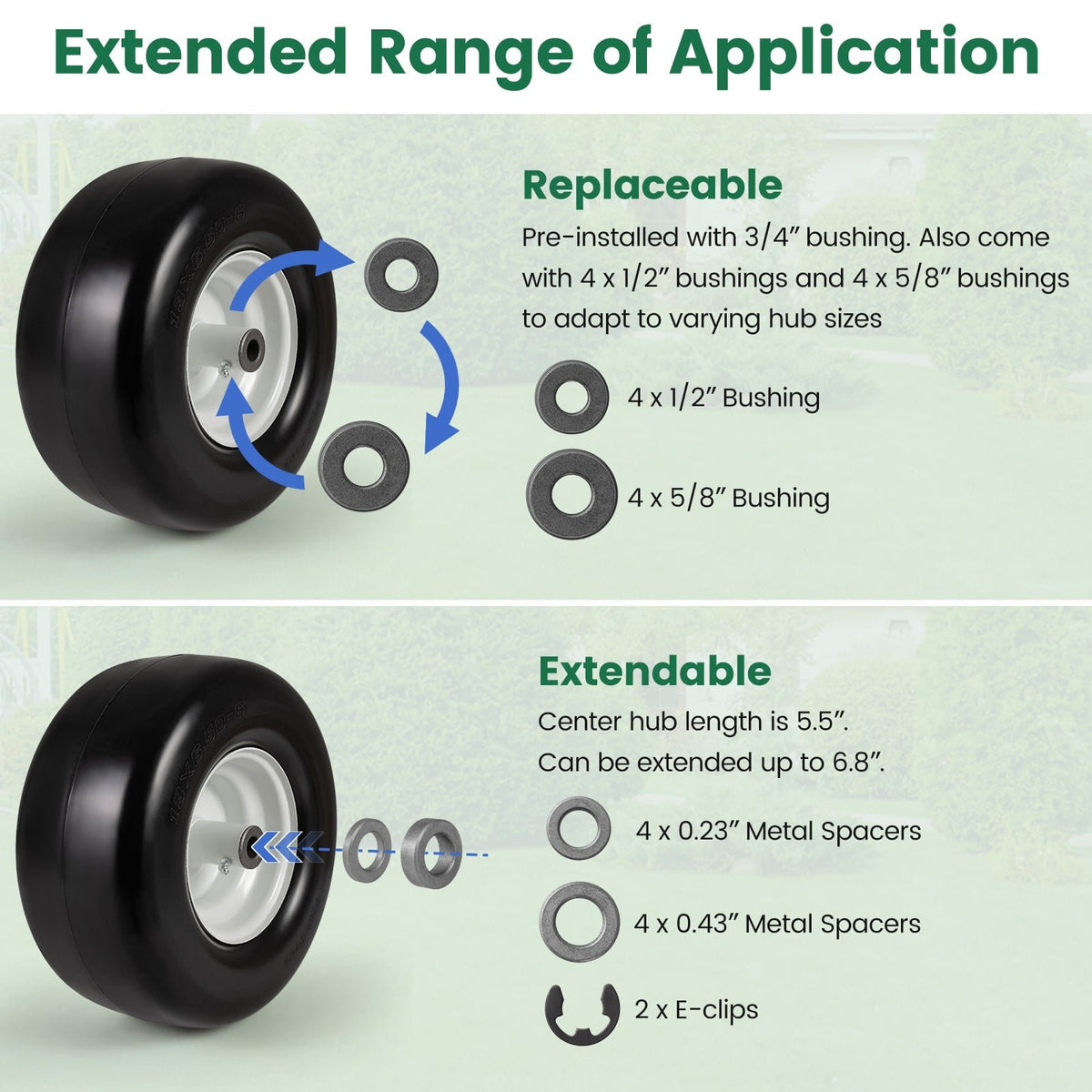 13 x 6.50-6 Flat Free Tires and Wheels 2 Pack Solid Rubber Tires-White view 7