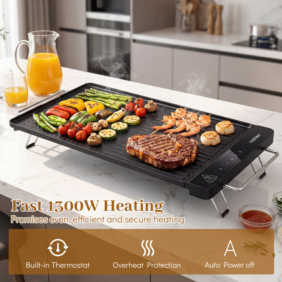 1300W Indoor Electric Grill with Removable Touch Panel-Black view 3