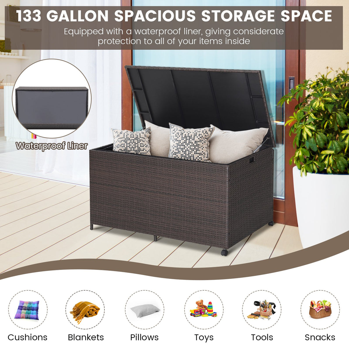 Outdoor Wicker Storage Box with Zippered Liner-133 Gallon view 3