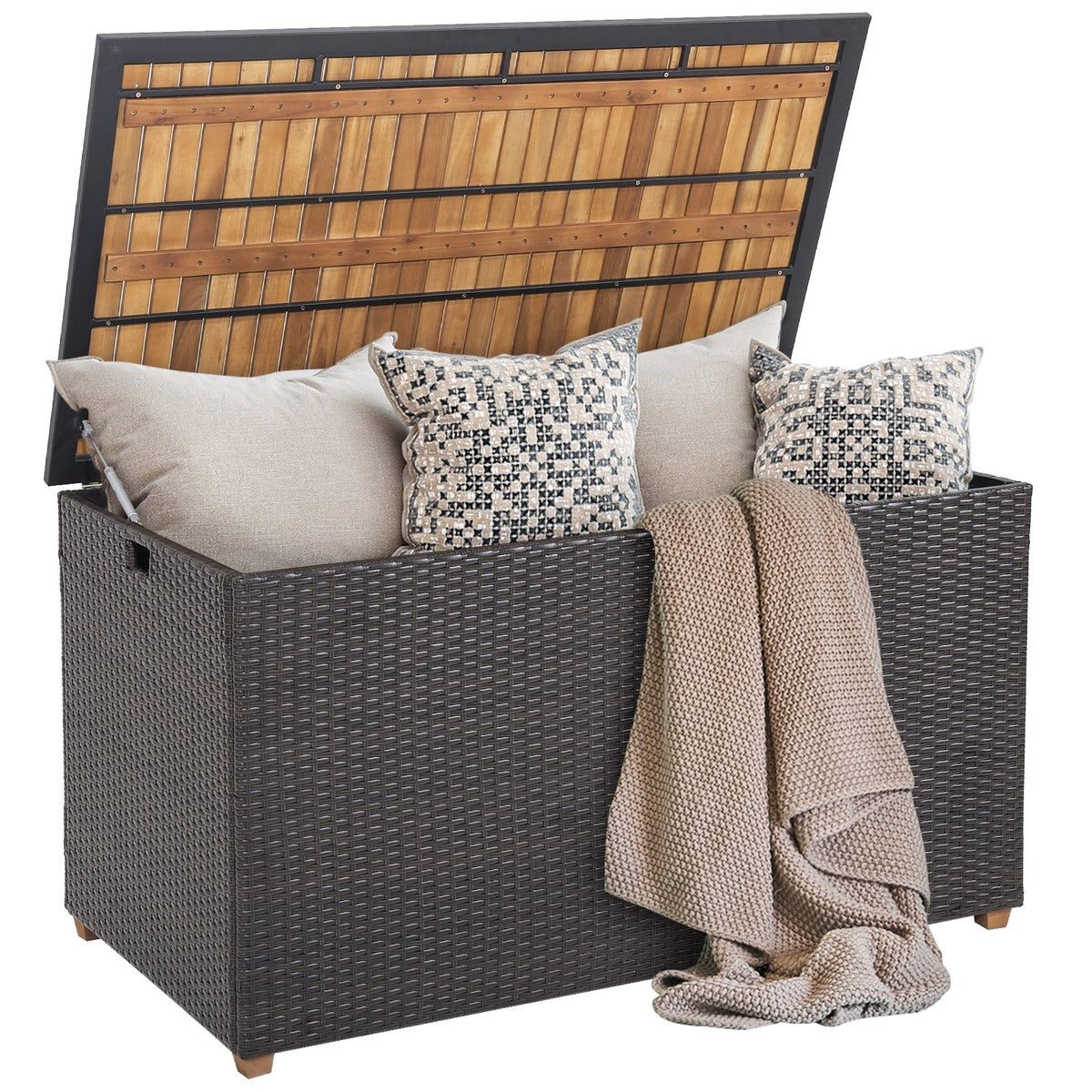 134 Gallon Rattan Storage Box with Zippered Liner and Solid Acacia Wood Top view 4