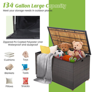 134 Gallon Rattan Storage Box with Zippered Liner and Solid Acacia Wood Top view 6