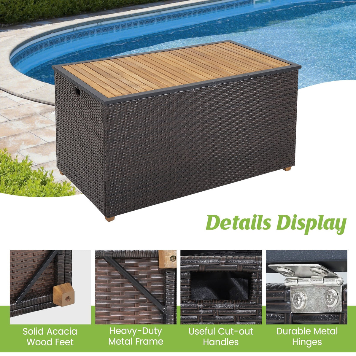 134 Gallon Rattan Storage Box with Zippered Liner and Solid Acacia Wood Top view 7