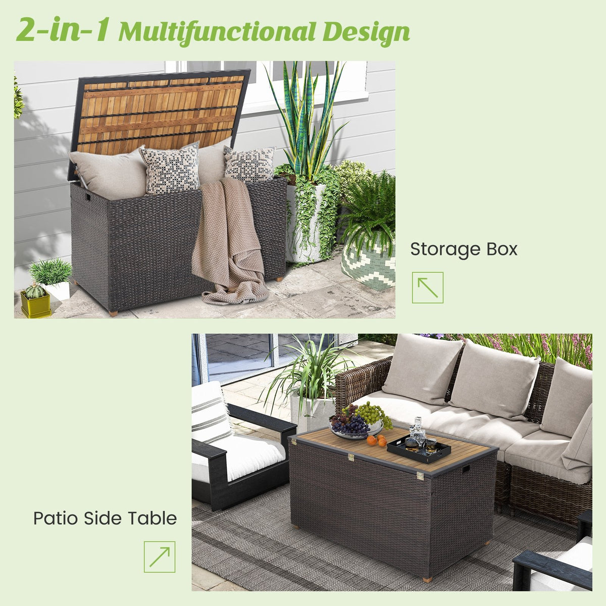 134 Gallon Rattan Storage Box with Zippered Liner and Solid Acacia Wood Top view 8