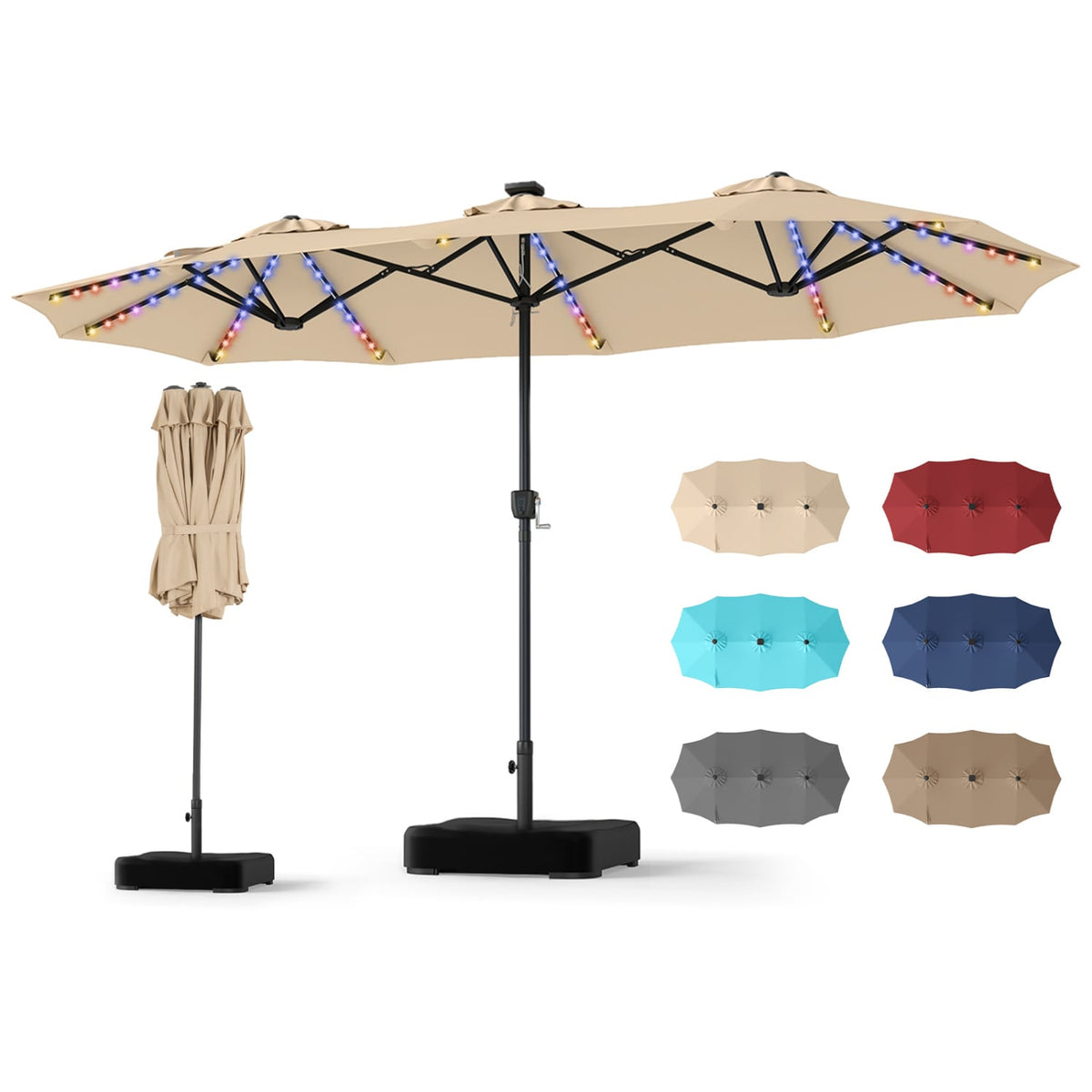13 FT Double-Sided Patio Umbrella with 108 LED Lights and Base Included-Beige view 4