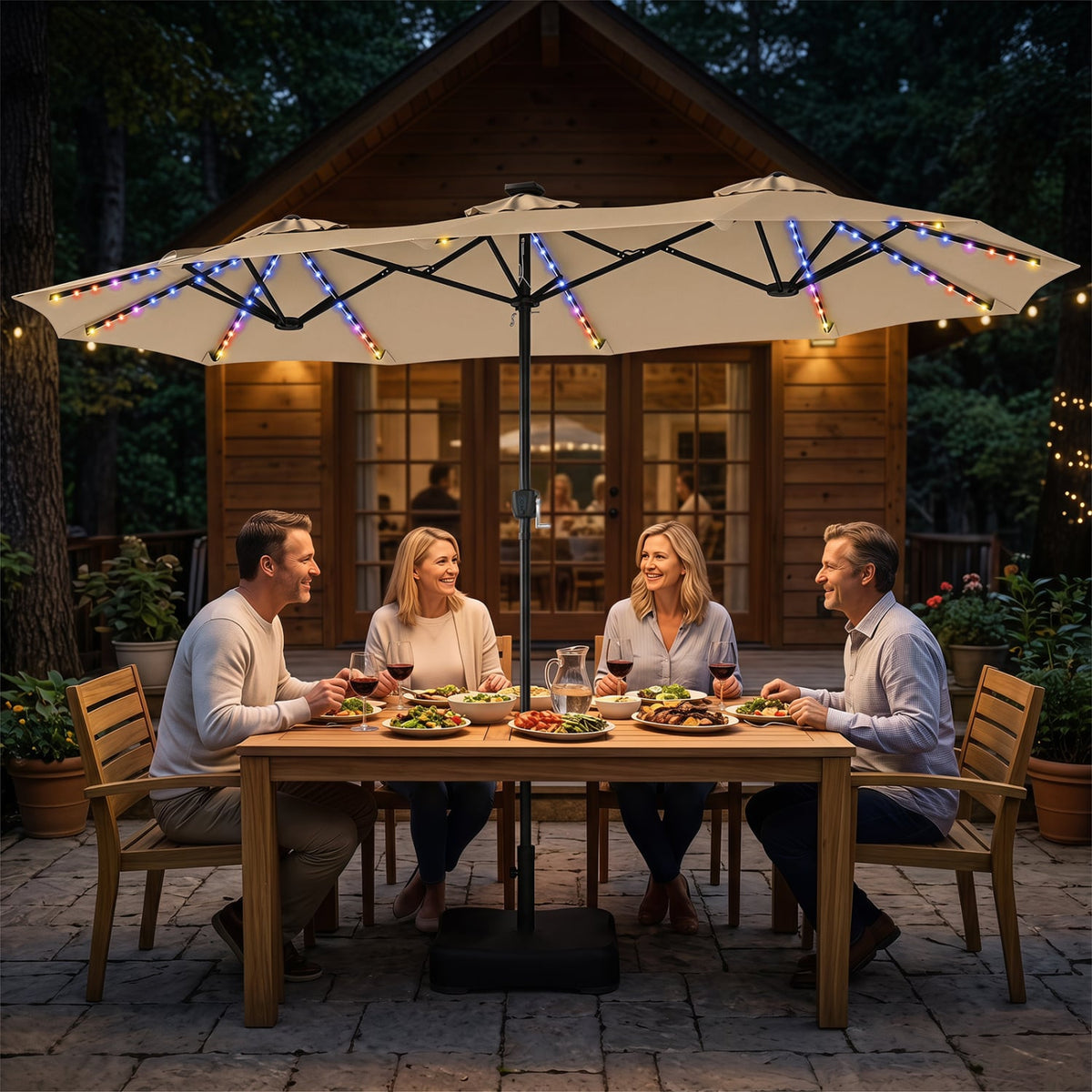 13 FT Double-Sided Patio Umbrella with 108 LED Lights and Base Included-Beige view 2