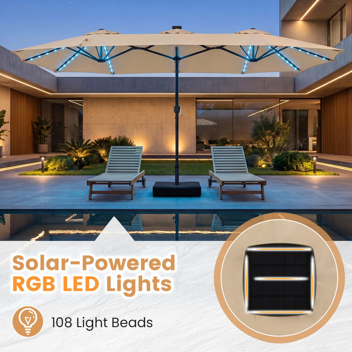 13 FT Double-Sided Patio Umbrella with 108 LED Lights and Base Included-Beige view 6