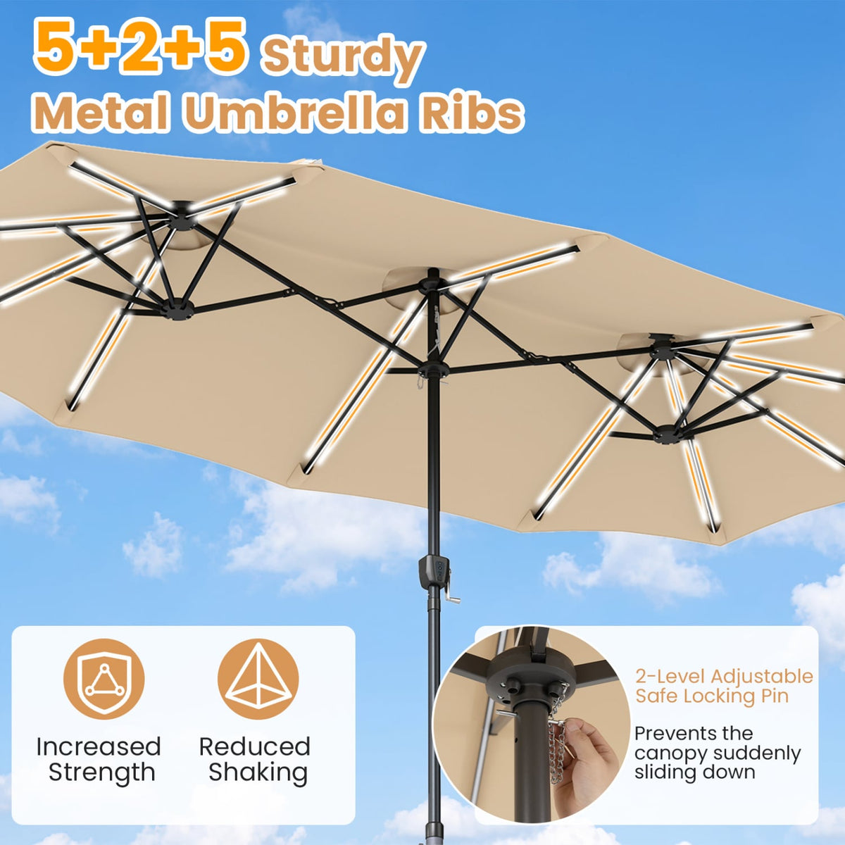 13 FT Double-Sided Patio Umbrella with 108 LED Lights and Base Included-Beige view 8